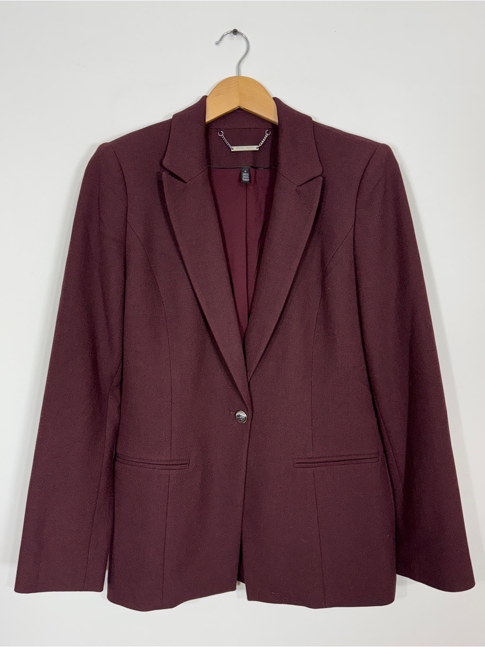 WJT49 {WHBM} Burgundy Purple Boyfriend Suit Coat Blazer